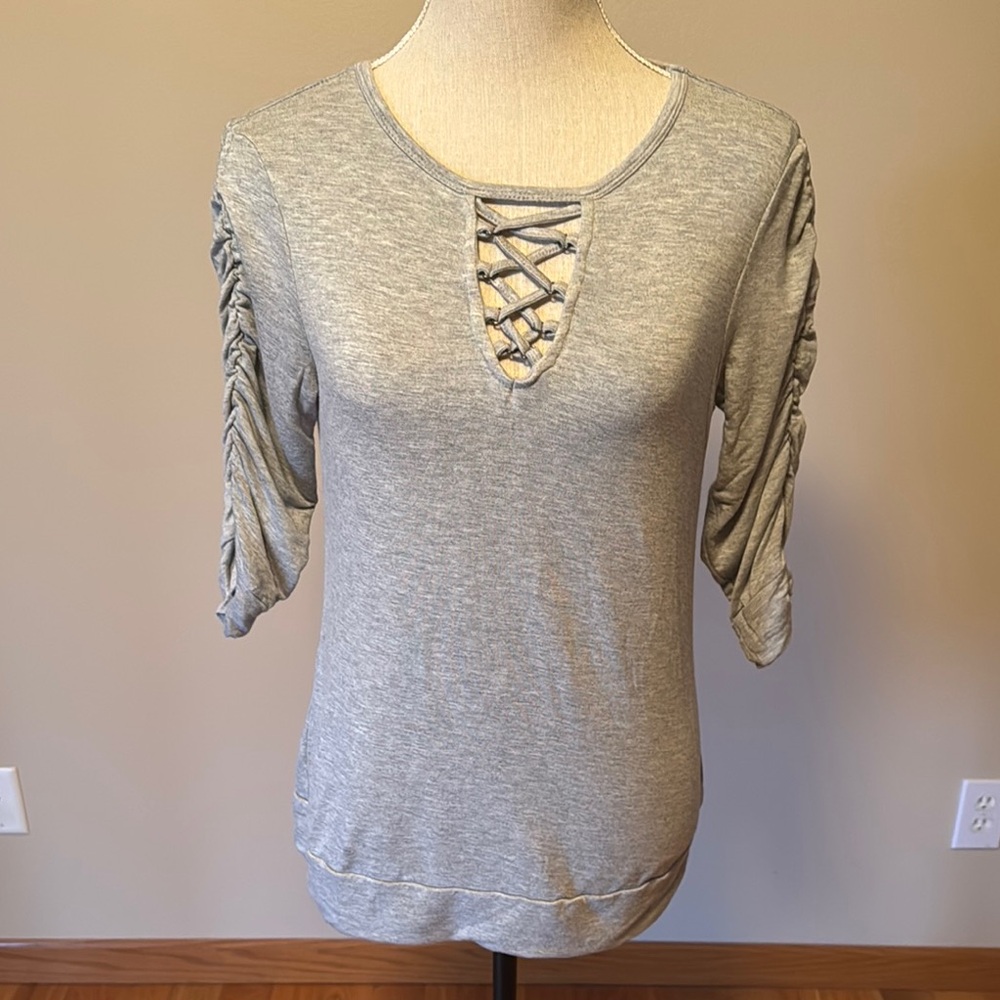 JohnPaulRichard Gray 3/4 Sleeve Ruched Cut Out Hoodie